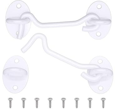 Door Hook and Eye Latche,2 PCS 8 Inch White Cabin Hooks Stainless Steel Cabin Hooks Wind Proof Hooks with Mounting Screws for Door Gate Shed Window Closet