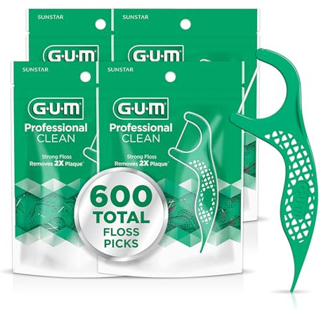 GUM Filo interdentale professionale per adulti, extra forte, resistente ai tagli, impugnatura facile da impugnare, filo interdentale per adulti, sapore di menta fresca, 150 ct (4 pezzi)