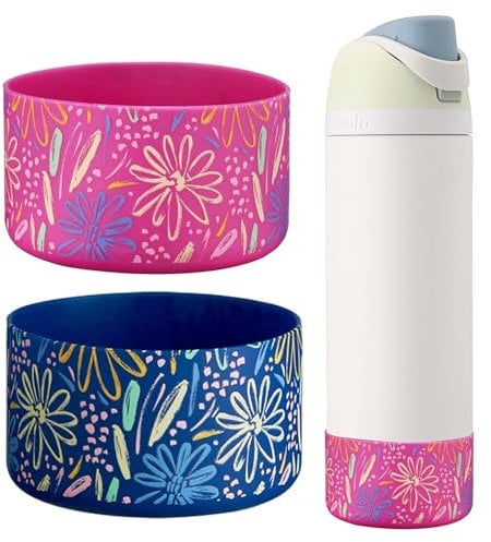 WK IEASON 2Pcs Silicone Water Bottle Boot for Owala 24oz, Protective Flask Bottom Cover Base for Owala FreeSip Twist and Flip Flask Bottles (Floral Print Carnation/Blue, 24OZ)