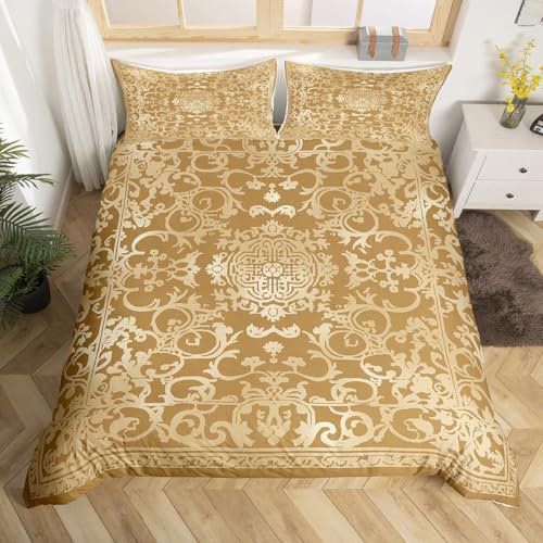 Homewish Gelb Damast Bettbezug Set Gothic 135x200 Bettwäsche Sets,Viktorianische Tröster Bezug Vintage Barock Blumen Gothic Bett Set Antike Medaillon Floral Böhmische Dekor,Khaki