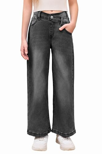 Haloumoning Pantalon en jean évasé pour fille - Taille haute - Taille élastique - Jambes larges, gris, 130