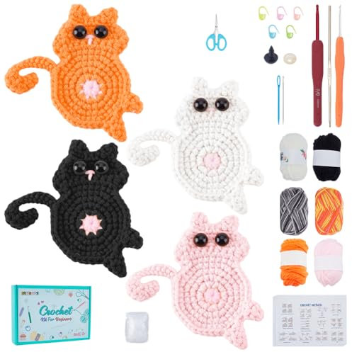 FREEBLOSS 16 Set Häkelset Für Untersetzer Mit Katzenmotiv Häkelset Für Untersetzer Häkelset Für Erwachsene Häkelset Für Tieruntersetzer Für Häkelliebhaber Häkelset Für Anfänger Mit Videoanleitungen