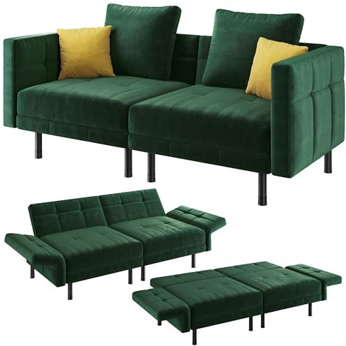 Yaheetech Velvet Sofa Convertible Sofa Bed 2 Seater Futon Couch Sleeper with 4 Pillows, Adjustable Armrests & Backrest for Living Room, Apartment, Home Office, Green