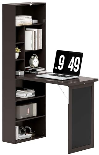 HOMCOM Klappbarer Computertisch, Schreibtisch mit Ablage, klappbarer Wandtisch mit Bücherregal, Arbeitsstation, Kreidetafel und verstellbarem Regal, braun