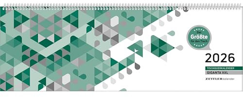 Zettler Tischquerkalender Giganta XXL 1W/2S Grün 2026 – Bürokalender 42x15 cm, Wochenkalender mit 1 Woche auf 2 Seiten, deutschem Kalendarium, Spiralbindung & Stundeneinteilung 7–22 Uhr