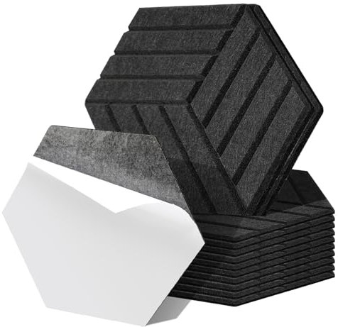 Fiqops 12er Hexagon Akustikpaneele Selbstklebend Akustikplatten Schwarz Hohe Dichte Schallabsorber Platzsparend für Wanddekoration und Schallschutz,Studio und Home Deko (30x26x0.9cm)