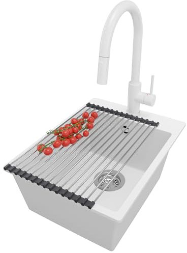 PRIMAGRAN Fregadero Granito Blanco 38x50cm, Cocina 1 Seno + Grifo 40x20cm + Sifón + Enrollable Escurridor, Sobre encimera al mueble 40cm - Riga S046