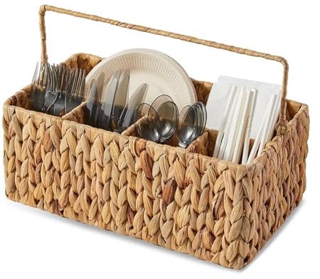 Grugoods Wicker Utensil Caddy for Countertop with Handle Handwoven Water Hyacinth Rattan Cutlery Holder Silverware Holder Picnic Caddy Napkin Holder Storage Basket Container for Indoor Outdoor