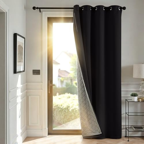 TOPICK Thermovorhang Kälteschutz doppelten Gardinen Ösen H240xB140 1 Stück | Gardinen Wohnzimmer Schwarz Türvorhang Verdunklungsvorhänge Schlafzimmer Vorhänge mit abnehmbare Schicht Curtain living room