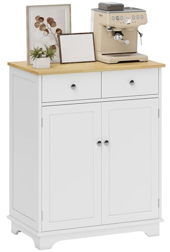 HOMCOM Aparador de salón con 2 cajones y Armario con Estante Ajustable, aparador de salón con encimera de Madera de Caucho, para Entrada, Cocina y Comedor, Blanco