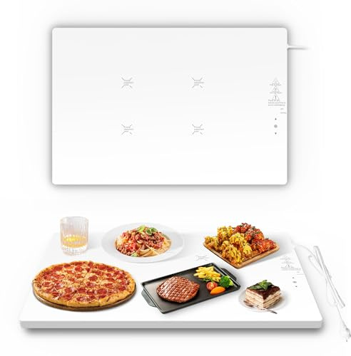 Byecold Warmhalteplatte 350 W, Wärmeplatte Elektrisch 60×40 cm, Graphen Speisewärmer, Touch Tasten, 9 stufige Temperatur, 6 Std. Timer, Essen warmhalten mit Kabel, Keramik buffetwärmer, Weiß