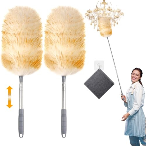 SENLINLIN 2er Set Staubwedel 130 cm, Hochwertiger Lammwolle Staubwedel Teleskop, Waschbar & Kratzfrei, Weich für Decken, Möbel, Auto & Empfindliche Oberflächen