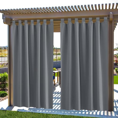 Outdoor Vorhang Wetterfest 2er Set | Wasserdichte Vorhänge & Sonnenschutz | Pavillon Sichtschutz mit Klettverschluss | Blickdichte Outdoorvorhänge 132 x 215 cm für Terrasse, Garten und Balkon (Grau)