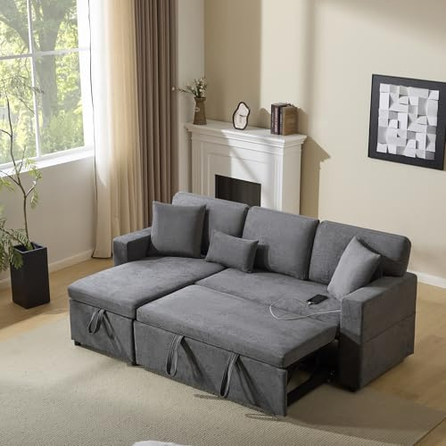 NuvlaGu Ecksofa mit Schlaffunktion L-Form 215x131cm, ausziehbare Schlafcouch 4-Sitzer mit Bettkasten, integriertem Regal & USB-Anschluss, umkehrbare Ottomane, Oxford Stoff Dunkelgrau