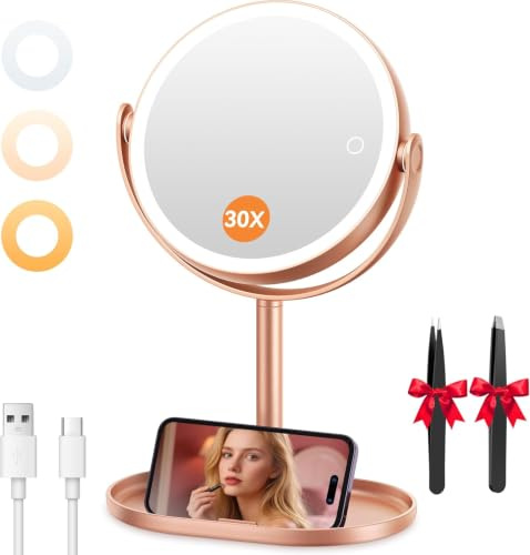 Auxmir Kosmetikspiegel mit Beleuchtung, USB 30X Doppelseitig Schminkspiegel | 3 Lichtfarben, Stufenlos Dimmbar, 360° Drehbar, Abnehmbares Reisedesign, 64 LEDs für Badezimmer Tisch und Urlaub, Rosegold