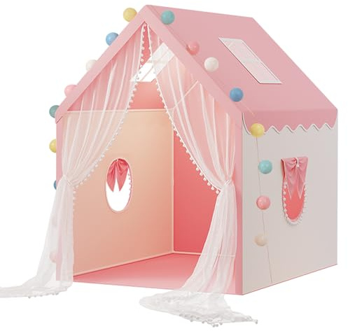 Fitencexu 2 IN 1 Kinderzelt & Kinder Bettzelt – Spielzelt für Drinnen & Outdoor mit Matte & Lichterkette – Kuschelecke als Spielhaus – Pop up Kinderzelt mit Fenstern – Kinder Hauszelt ab 3 Jahre