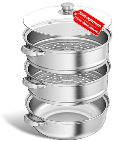 Dampfgarer zum Kochen – 28 cm Edelstahl-Dampfgarer mit Dämpfeinsatz, 3/4/5-stöckiges Kochgeschirr mit Deckel zum Garen von Gemüse, Meeresfrüchten, Suppen, Eintöpfen und Pasta (Drei)