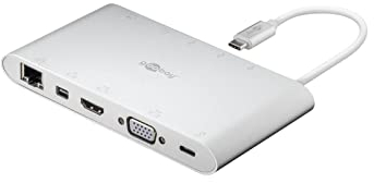 Goobay 62113 USB C Hub Multiport Verteiler 11 Ports HDMI / VGA / Mini DP / USB C PD / 3x USB 3.0 / RJ45 / 3,5 mm Audio / SD & microSD Kartenleser / Aluminium