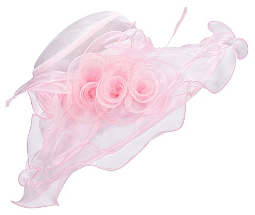 Lawliet Chapeau de cérémonie pour femme en organza, larges bord, plumes et voile A341 - Rose - Taille Unique