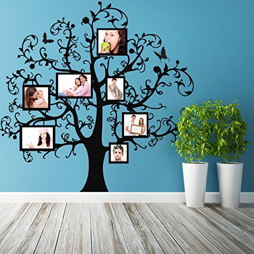 (240x237 cm) Vinyl Wall Decal Tree with Picture Frames, Flowers & Butterflies/Family Photo Forest Branches Art Decor Sticker + Free Random Decal Gift!