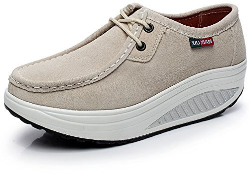 rismart Mujer Plataforma Calzo Aptitud para Caminar Beige Ante Cuero Entrenadores Zapatos Beige 39 EU