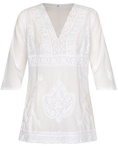 Maharanis Kurti Tunika Bluse tailliert Reine Baumwolle weiß handbestickt