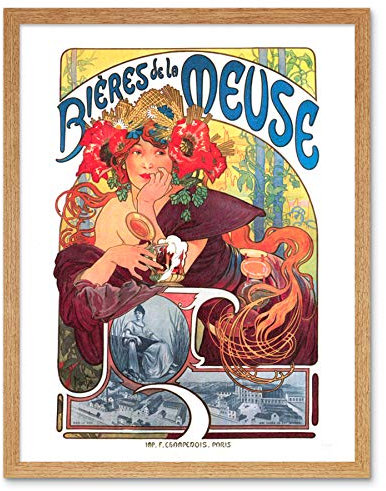 Fine Art Prints Mucha Beers Maas Jugendstil-Werbungs-Kunstdruck, gerahmtes Poster, Wanddekoration, 30,5 x 40,6 cm