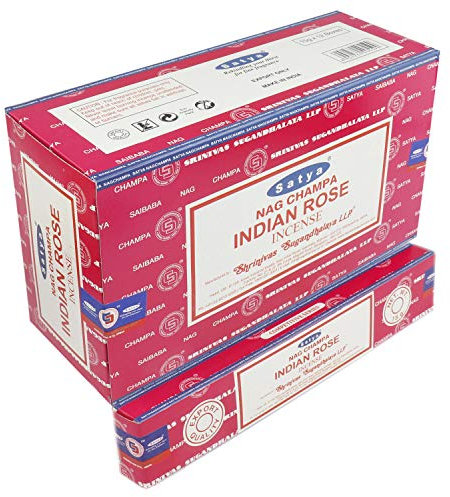 SATYA Nag Champa Indian Rose Agarbatti | Bâtons d'encens Masala roulés à la main | 12 paquets de 15 g chacun dans une boîte | Produit de qualité d'exportation