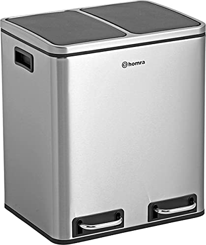 Homra Mülleimer 30l Blinq | Tretmülleimer Küche 2x15 Liter | Treteimer aus Edelstahl | Abfalleimer mit Inneneimern | Trennsystem 2 Fach | Mülltrennsystem | Papierkorb | Softclose | Stahl