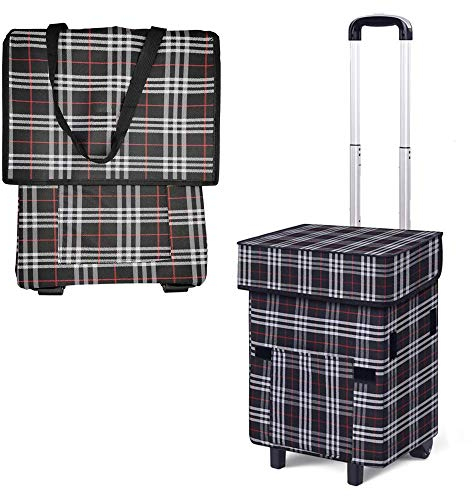 Falytemow Faltbarer Einkaufswagen mit Rädern und Teleskopgriff, Wasserdichter Oxford-Stoff, Schwarz, 41 L, 1.8 kg, Unisex-Erwachsene