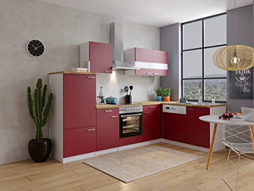 respekta Küche Küchenzeile Küchenblock Winkelküche Weiß Rot Malia 280 x 172 cm