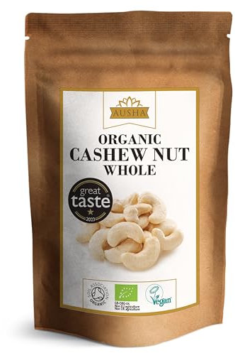Ausha Organic CASHEW NUTS Whole 200g - UK Certified Organic by Soil Association - 1* GREAT TASTE AWARD