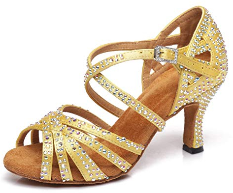 MINITOO Damen Tanzen Schuhe Tanzschuhe Latein Salsa Glitzer Sandalen L423 Gelb EU 38
