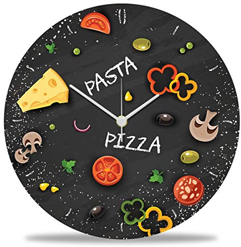 GRAVURZEILE Wanduhr aus Holz Pizza & Pasta - 100% Lautlos kein Ticken absolut geräuschlos - 30 cm Ø - Design Wanduhren für Wohnzimmer Schlafzimmer & Küche