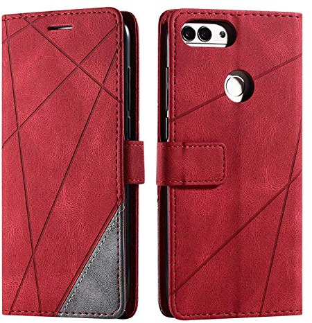 SONWO Hülle für Huawei P Smart 2018 / Huawei Enjoy 7S, Premium Leder PU Handyhülle Flip Case Wallet Silikon Bumper Schutzhülle Klapphülle für Huawei P Smart 2018 / Huawei Enjoy 7S, Rot