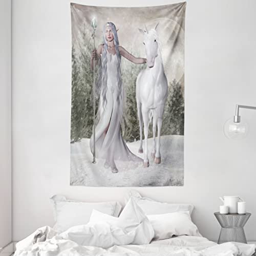 ABAKUHAUS Pferd Wandteppich und Tagesdecke, Elf holdng Mace und Pferd aus Weiches Mikrofaser Stoff Waschbar ohne Verblassen Digitaldruck, 140 x 230 cm, Kokosnuss