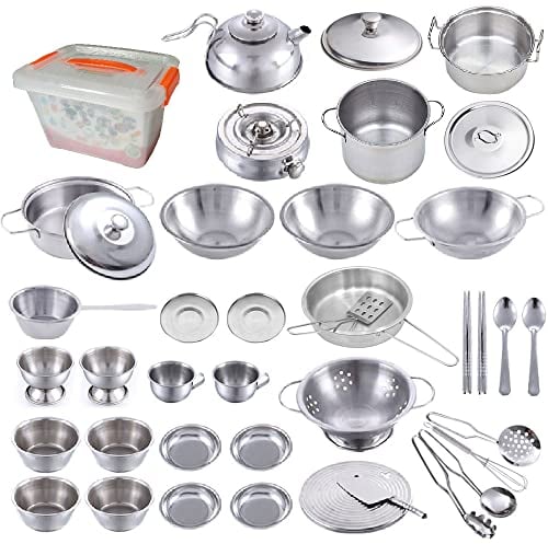 Cooking Utensils Set 25 Pieces Stainless Steel Kitchen Toys Pretend Play Pots Pans Toy Cookware Kits Age 10+ for Kids Come with a Handy Storage Box Role Play Educational Toys for Toddlers Small Size