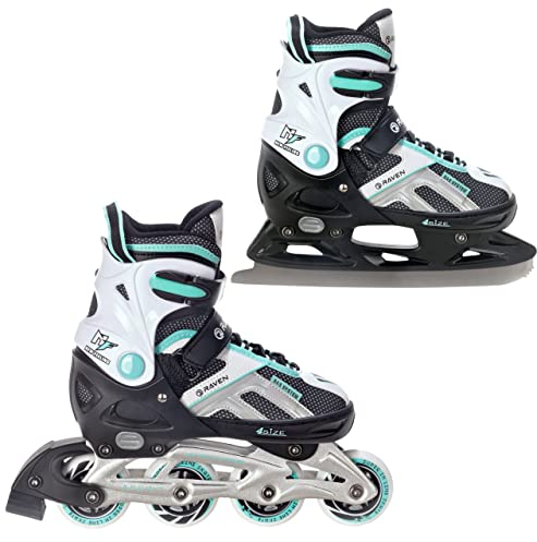 Raven Pulse Inline Skates Inliner für Kinder und Erwachsene OPTIONAL 2in1 mit Schlittschuhen verstellbar (Black/Mint mit Kufen, 40-43 (25,5-28cm))