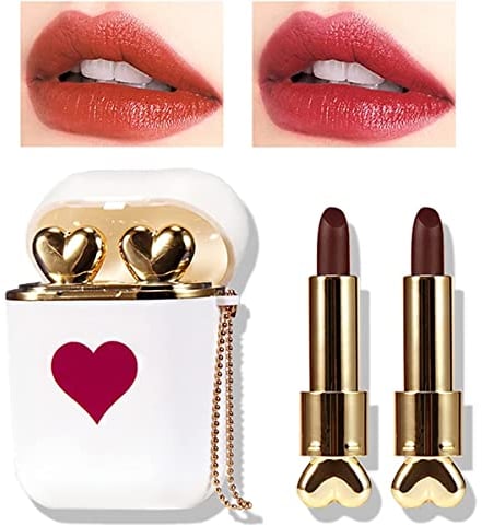 Matter Lippenstift Make-up-Set, 2 Stück/Set Kopfhörer zweifarbiger Lipgloss, wasserdichter, langlebiger Samt, feuchtigkeitsspendende Antihaft-Cup-Lippenstift-Make-up-Geschenkset (Gold)
