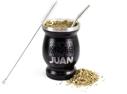 Made in Gift Kit de Vaso Negro para Mate Argentino 250ml Personalizado con Nombre de Star Wars Grabado sobre Acero Inoxidable de Doble Pared Térmica con Bombilla y Cepillo para Limpiar