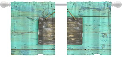 Shrahala Holz-Blaugrün, mediterranes Holz, antike Etagenvorhänge für Küchenfenster, Scheunenfenstervorhang, mehrschichtiges Polyester, Verdunkelung für Wohnzimmer, Badezimmer, 2 Stück, 66 x 61 cm