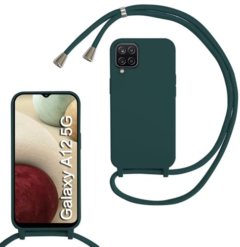 MBSLFY Coque avec Cordon pour Samsung Galaxy A12 5G, Collier pour Étui Housse TPU Anti-Choc Colliers Protection Complète Cover de cellulaire Mince Réglable Lanyard Case, Vert foncé