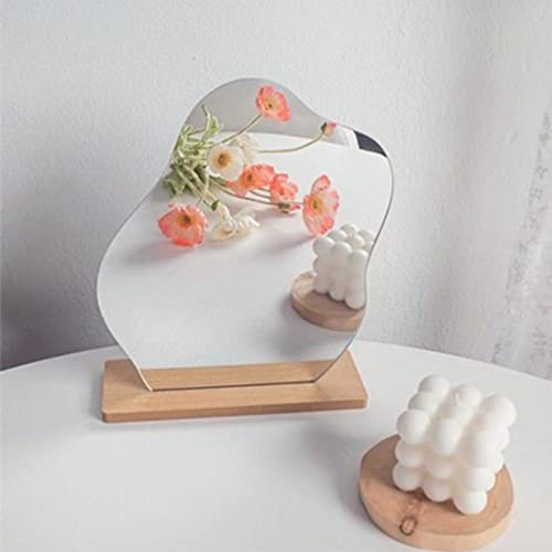 Acryl Schminkspiegel Rahmenlose Unregelmäßiger Dekorative Kosmetik Tischspiegel,Unregelmäßige Spiegel Form mit Holzsockel für Schlafzimmer, Wohnzimmer und Aesthetic Room Décor