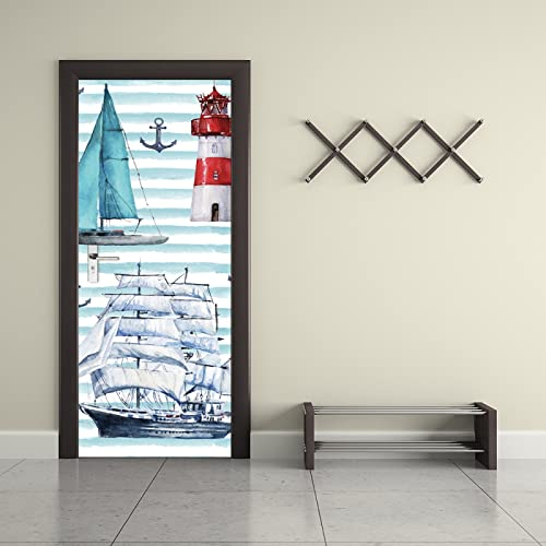 3D Türposter Türtapete Leuchtturm & Segelboot Türtapete selbstklebend TürPoster Fototapete Türfolie Poster DIY Selbstklebende Wandbild PVC Wasserdichte Tapete B77 x H200cm