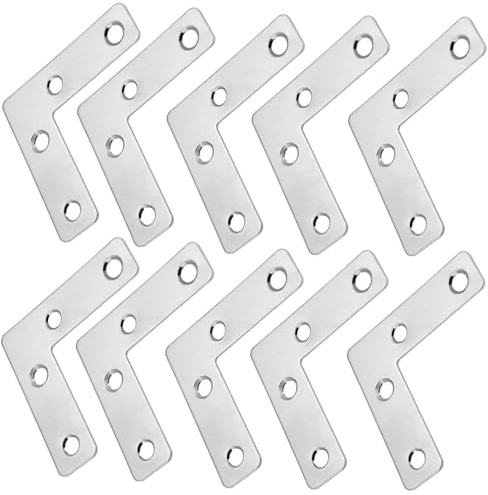 TA-VIGOR 10Pcs L Shape Flat Fixing Mending Plates 50mmx50mm, Stainless Steel Corner Brace Brackets Mending Repair for Wood Connector, Silver