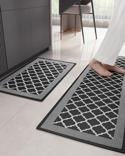 COLOR&GEOMETRY 2-Piece Non-Slip Kitchen Mats, Woven Rugs - Absorbent, Non-Skid - 44x75cm + 44x150cm, Black