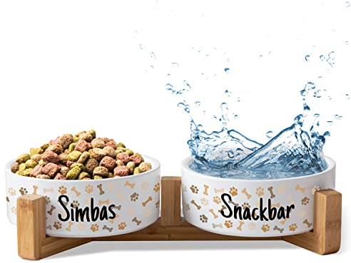 Keramik Doppel-Napf mit Namen oder Wunschtext für Hunde „Hund-Icons“ - personalisiertes Napf-Set mit/ohne Ständer | Futternapf Fressnapf | große kleine Vierbeiner Futterstation (2X 1300ml, Gestell)