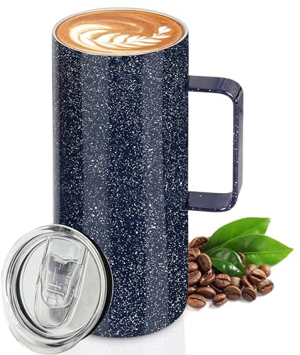BELLE VOUS Blue Stainless Steel Insulated Coffee Mug with Slider Lid - 560ml/19oz Leakproof Thermal Travel Cup for Hot & Cold Drinks - Double Wall Vacuum Tumbler Mug with Handle - Dishwasher Safe