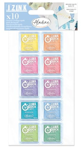 Aladine - 10 Mini-Stempelkissen Quick Dry Pastellfarben – 3,3 x 3,3 cm – Gelb, Orange, Rosa, Blau, Grün – für Scrapbooking, Karten, kreative Hobbys – Izink – 03977