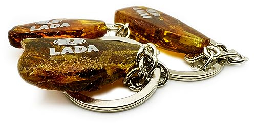 AET AUTOTEILE Naturbernstein Schlüsselanhänger Lada Logo silber natur Polist